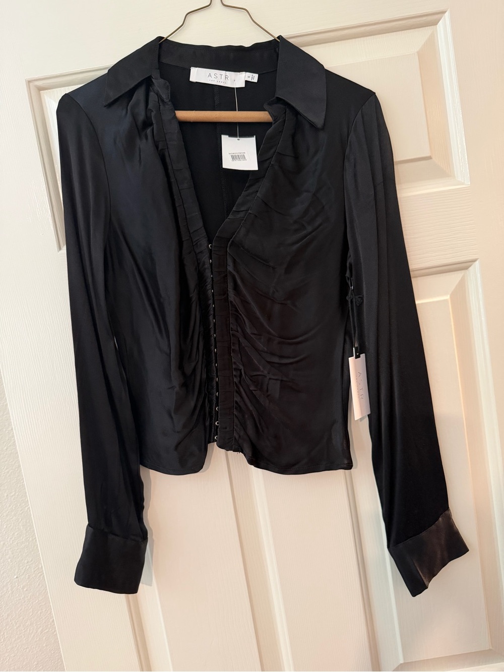 ASTR Black Satin Ruffle-Front Button Long-Sleeve Blouse